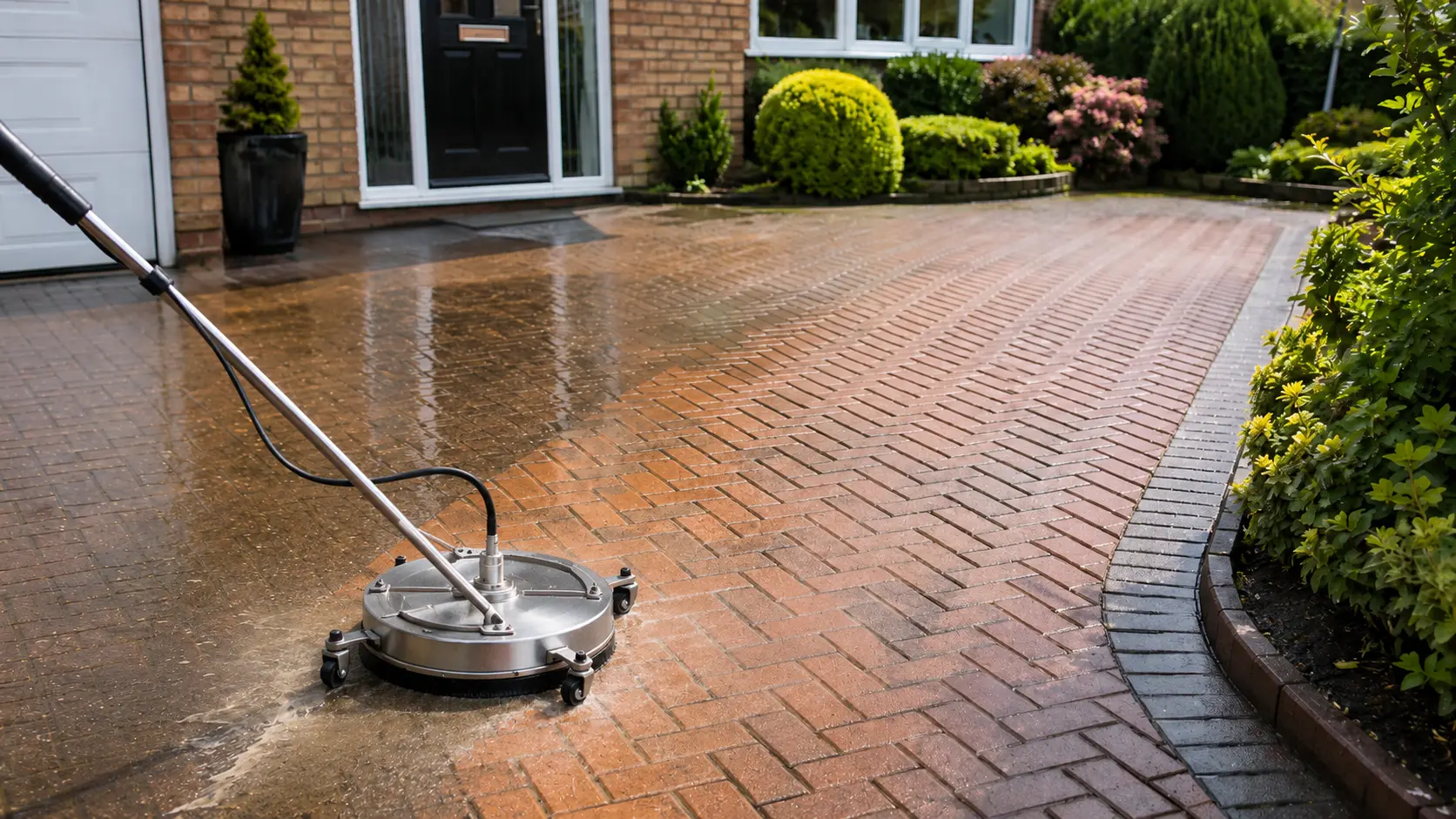 Cleaning a driveway using a pressure washer tool.
